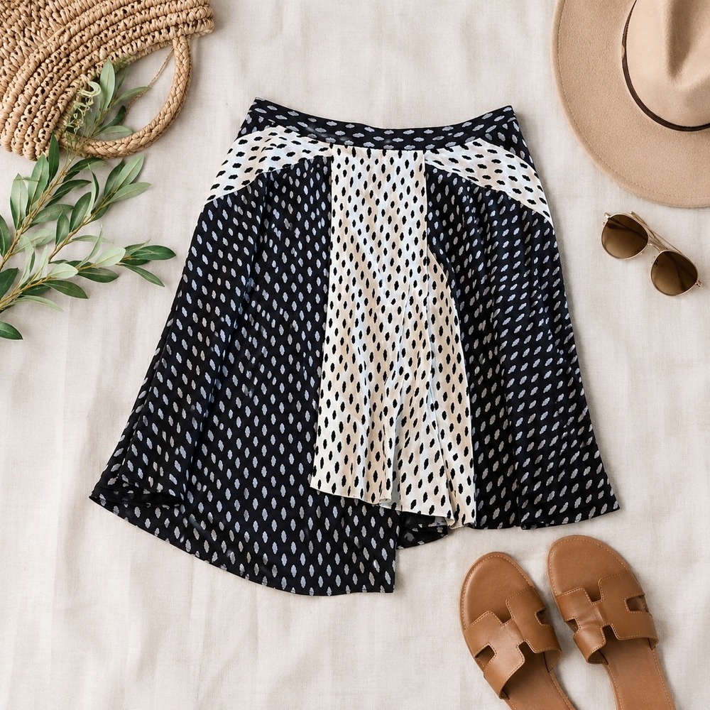 Tanya Taylor Oliver Skirt Flocked Dot Black White Asymmetrical Hem Size 12 NEW